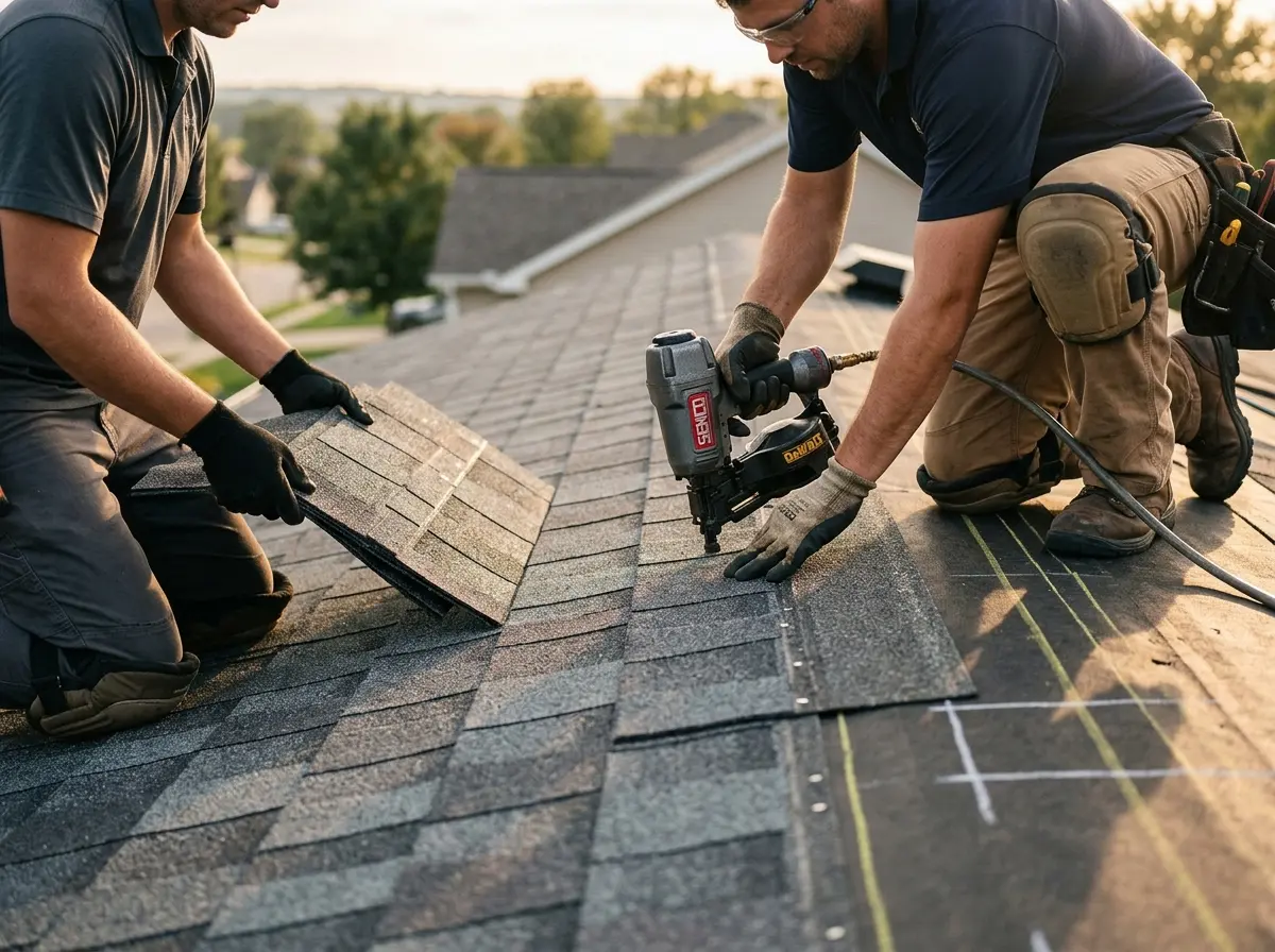 Professional roofer working on a residential roof in New Square